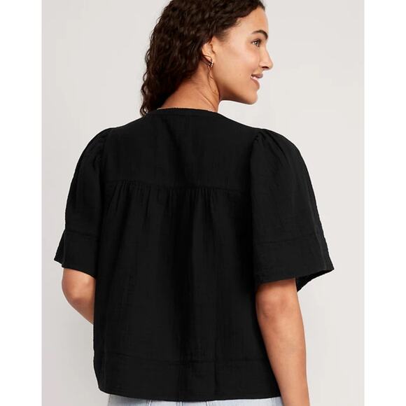 Old Navy Boho Prairie Black Cotton Textured Relaxed Fit Blouse XS Short Sleeve - Picture 5 of 8